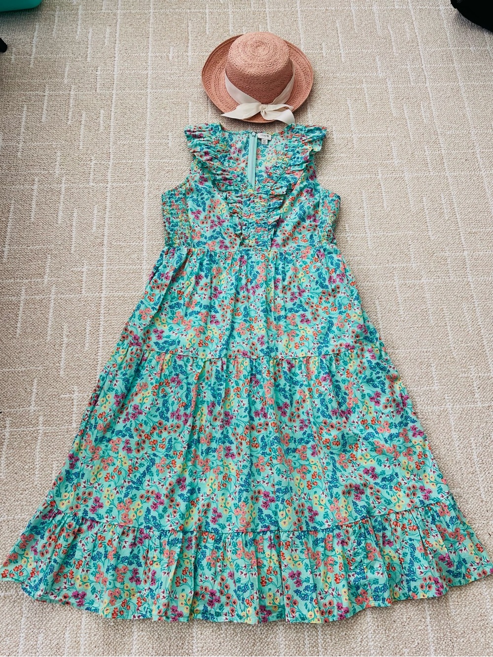 J. Crew Turquoise Floral Ruffle Tiered Sundress Size 12 with Pockets!
